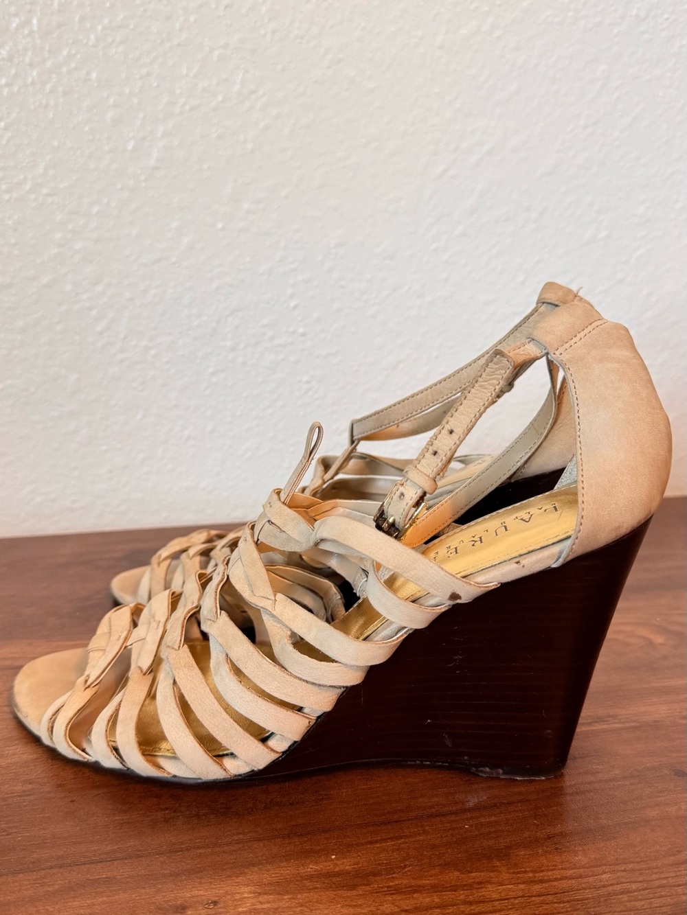 Lauren Ralph Lauren Nude Suede 4" Wedge Open toe Strappy Heels Shoes 8.5